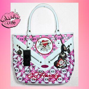 Ed Hardy Pink Skull Shoulder Bag Y2K Tattoo Print Monogram Charm Purse NWT